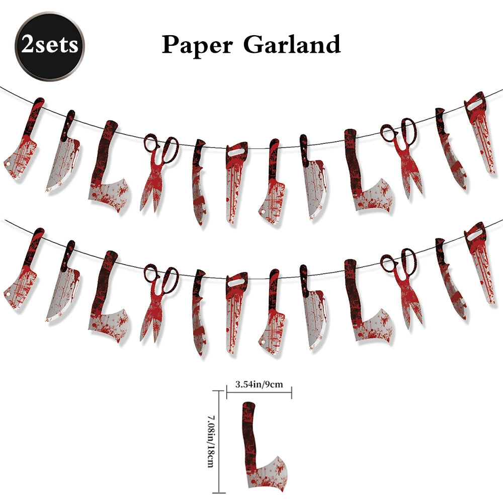 Girlanda Halloween z papieru – zakrwawione noże i dekoracje w stylu horroru