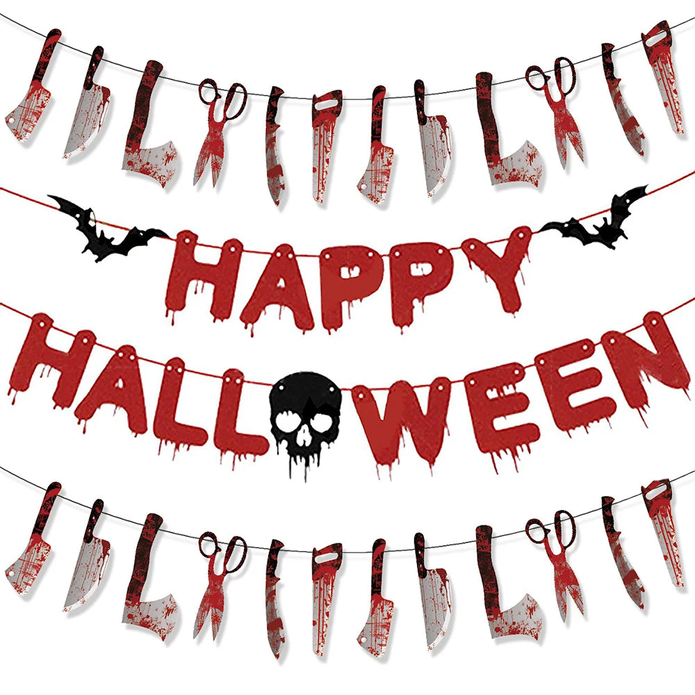 Girlanda Halloween z papieru – zakrwawione noże i dekoracje w stylu horroru