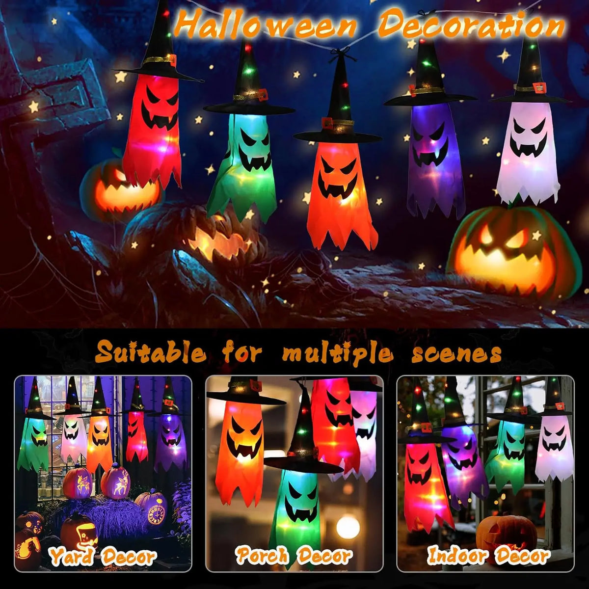 Świecący Kapelusz Czarownicy Halloween – Wisząca Latarnia do Ogrodu i Domu