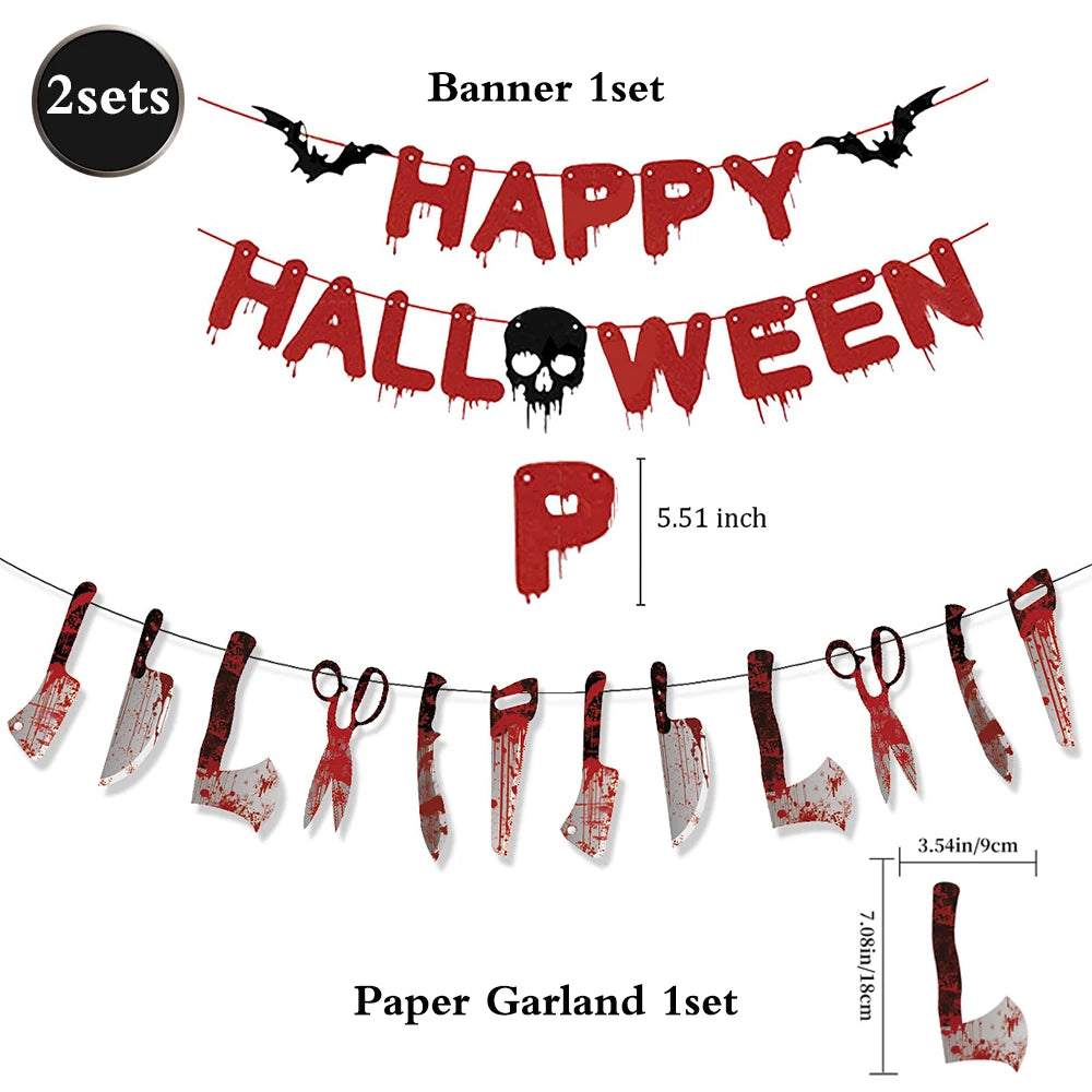 Girlanda Halloween z papieru – zakrwawione noże i dekoracje w stylu horroru