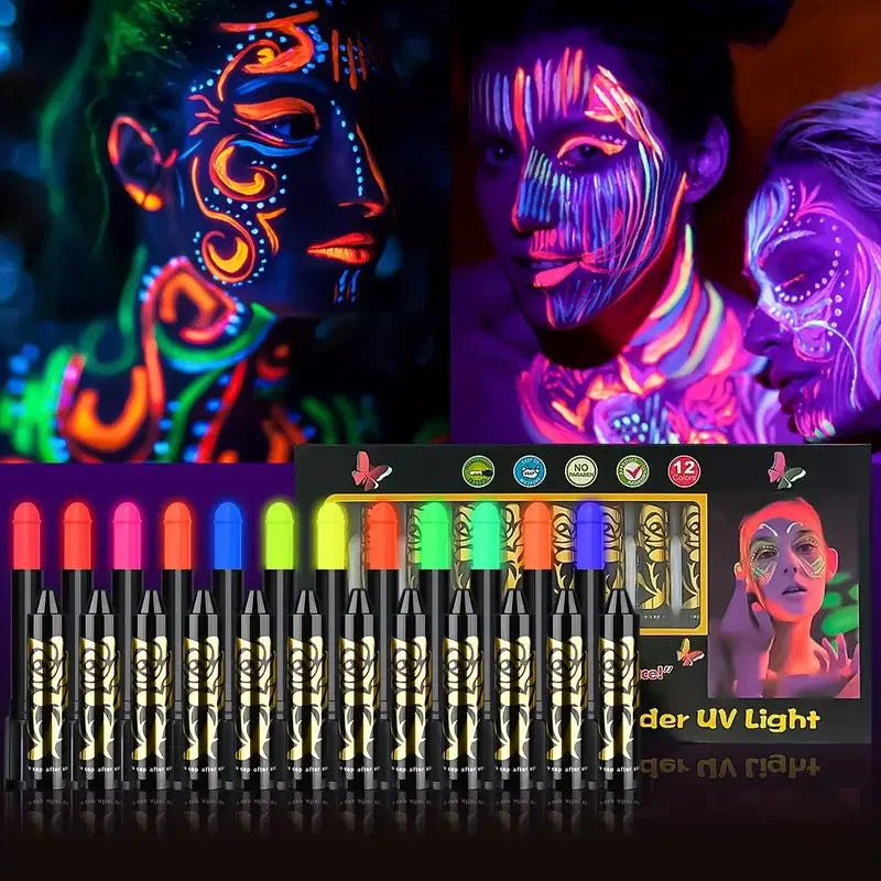 Kredki UV do Malowania Twarzy Neon – Zestaw 6 lub 12 szt., świecące w UV