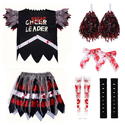 Kostium Halloween Cheerleaderka Zombie – Sukienka z Nadrukiem dla Dziewczynek 100–150 cm