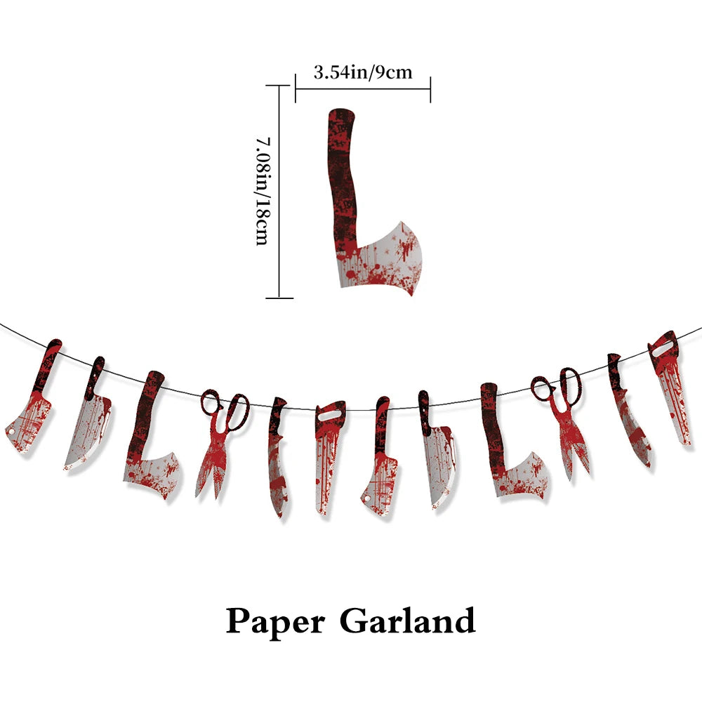 Girlanda Halloween z papieru – zakrwawione noże i dekoracje w stylu horroru