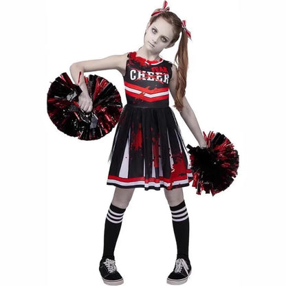 Kostium Halloween Cheerleaderka Zombie – Sukienka z Nadrukiem dla Dziewczynek 100–150 cm