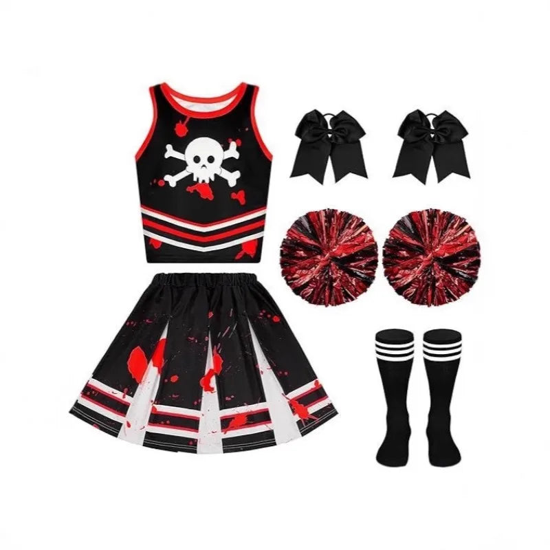 Kostium Halloween Cheerleaderka Zombie – Sukienka z Nadrukiem dla Dziewczynek 100–150 cm