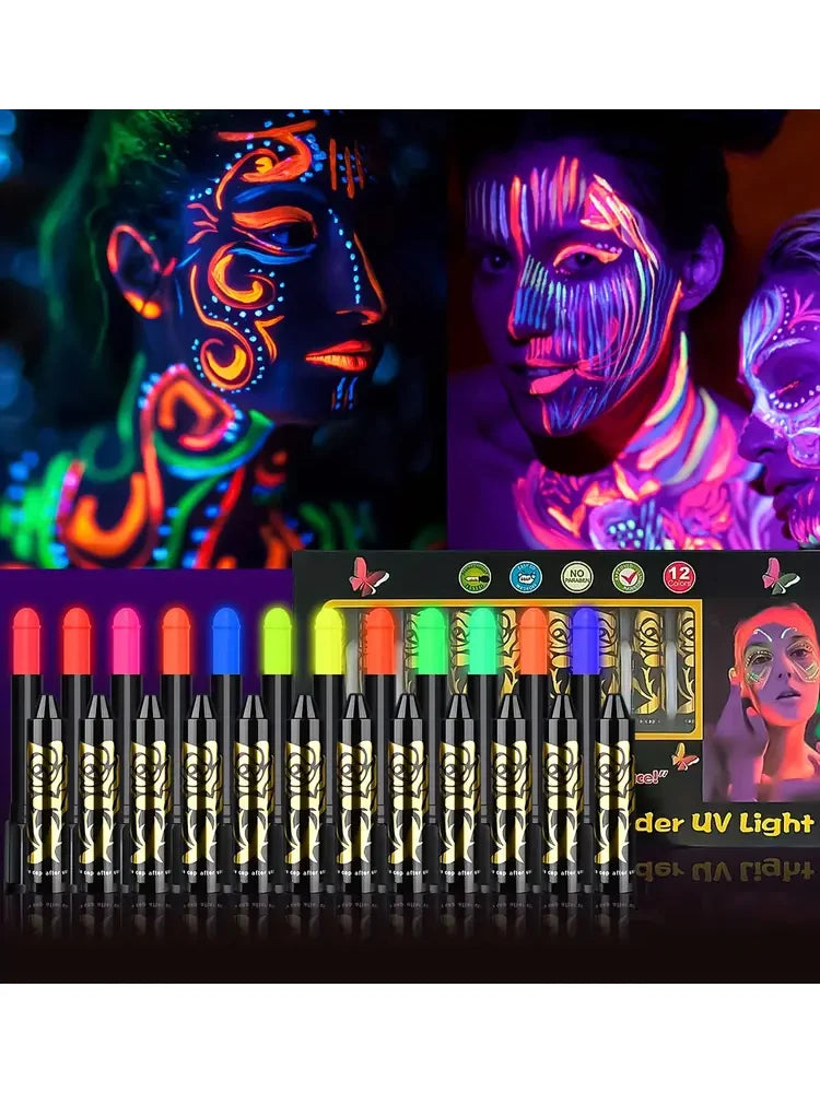 Kredki UV do Malowania Twarzy Neon – Zestaw 6 lub 12 szt., świecące w UV