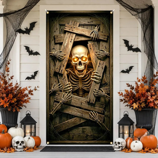 Baner na Drzwi Halloween – Szkielet ze Świecącymi Oczami 90x180 cm
