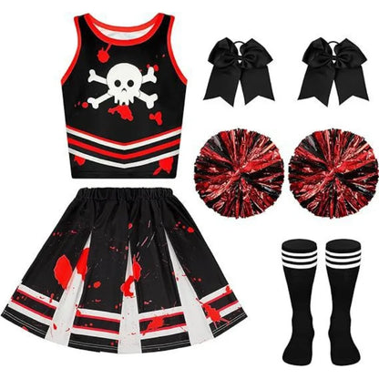 Kostium Halloween Cheerleaderka Zombie – Sukienka z Nadrukiem dla Dziewczynek 100–150 cm