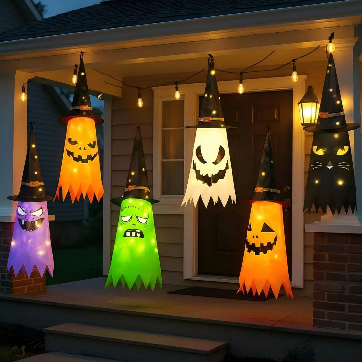 Świecący Kapelusz Czarownicy Halloween – Wisząca Latarnia do Ogrodu i Domu