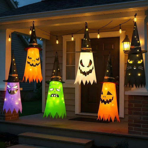 Świecący Kapelusz Czarownicy Halloween – Wisząca Latarnia do Ogrodu i Domu