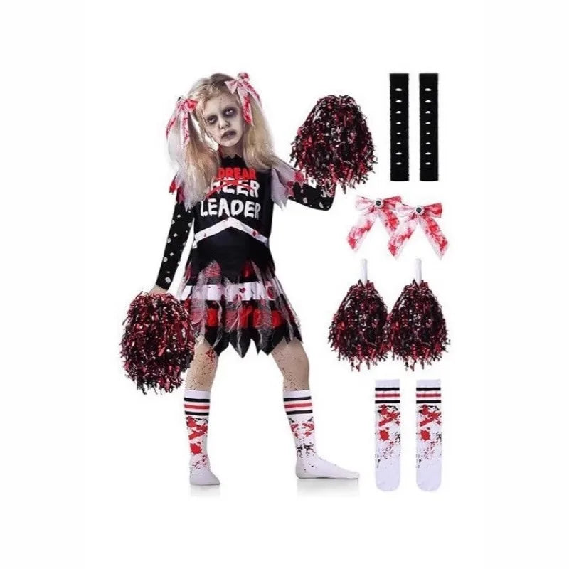Kostium Halloween Cheerleaderka Zombie – Sukienka z Nadrukiem dla Dziewczynek 100–150 cm
