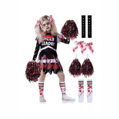 Kostium Halloween Cheerleaderka Zombie – Sukienka z Nadrukiem dla Dziewczynek 100–150 cm