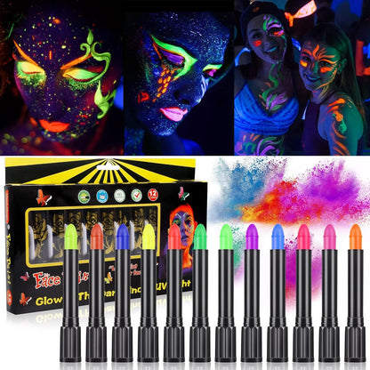 Kredki UV do Malowania Twarzy Neon – Zestaw 6 lub 12 szt., świecące w UV