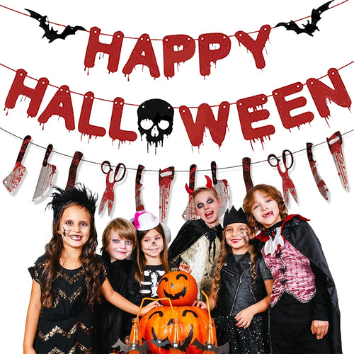 Girlanda Halloween z papieru – zakrwawione noże i dekoracje w stylu horroru