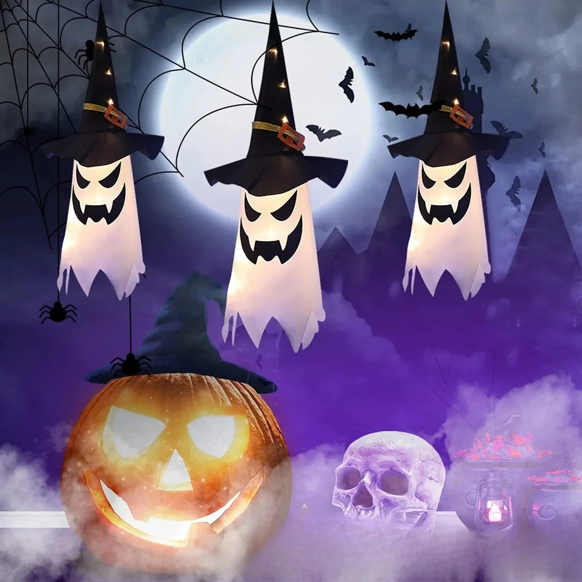 Świecący Kapelusz Czarownicy Halloween – Wisząca Latarnia do Ogrodu i Domu